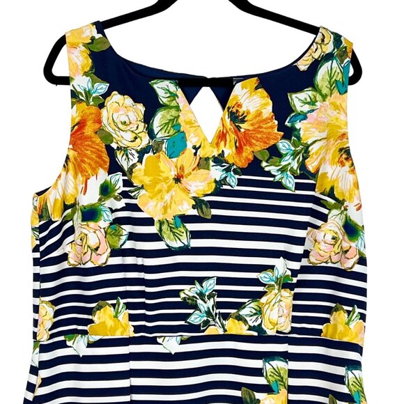 Dress 16W Dress Barn Navy Sleeveless Floral Striped Pockets Back Keyhole EUC - Picture 8 of 12